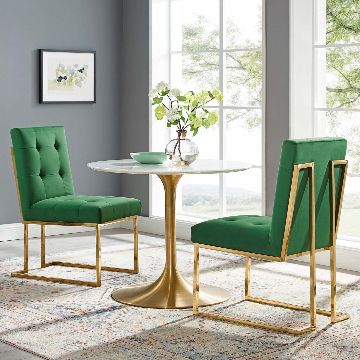 Modway Outlet Privy Gold Stainless Steel Performance Velvet Dining Chair Set of 2 by Modway  Bar and Dining Furniture Gold Emerald - EEI-4152-GLD-EME