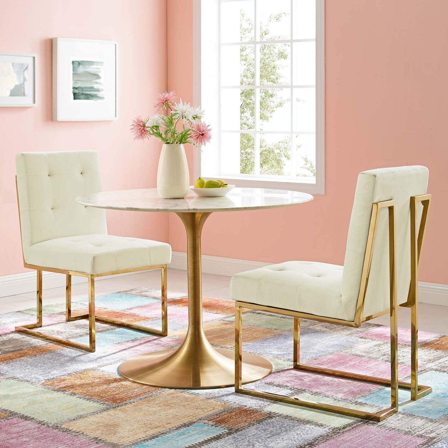 Modway Outlet Privy Gold Stainless Steel Performance Velvet Dining Chair Set of 2 by Modway  Bar and Dining Furniture Gold Ivory - EEI-4152-GLD-IVO