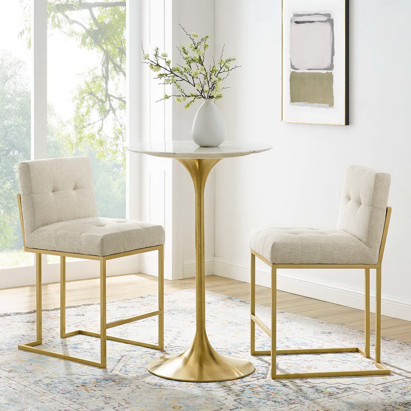 Modway - Privy Gold Stainless Steel Upholstered Fabric Counter Stool Set of 2 by Modway  Bar and Dining Dining Chairs Oatmeal - EEI-4154-GLD-BEI