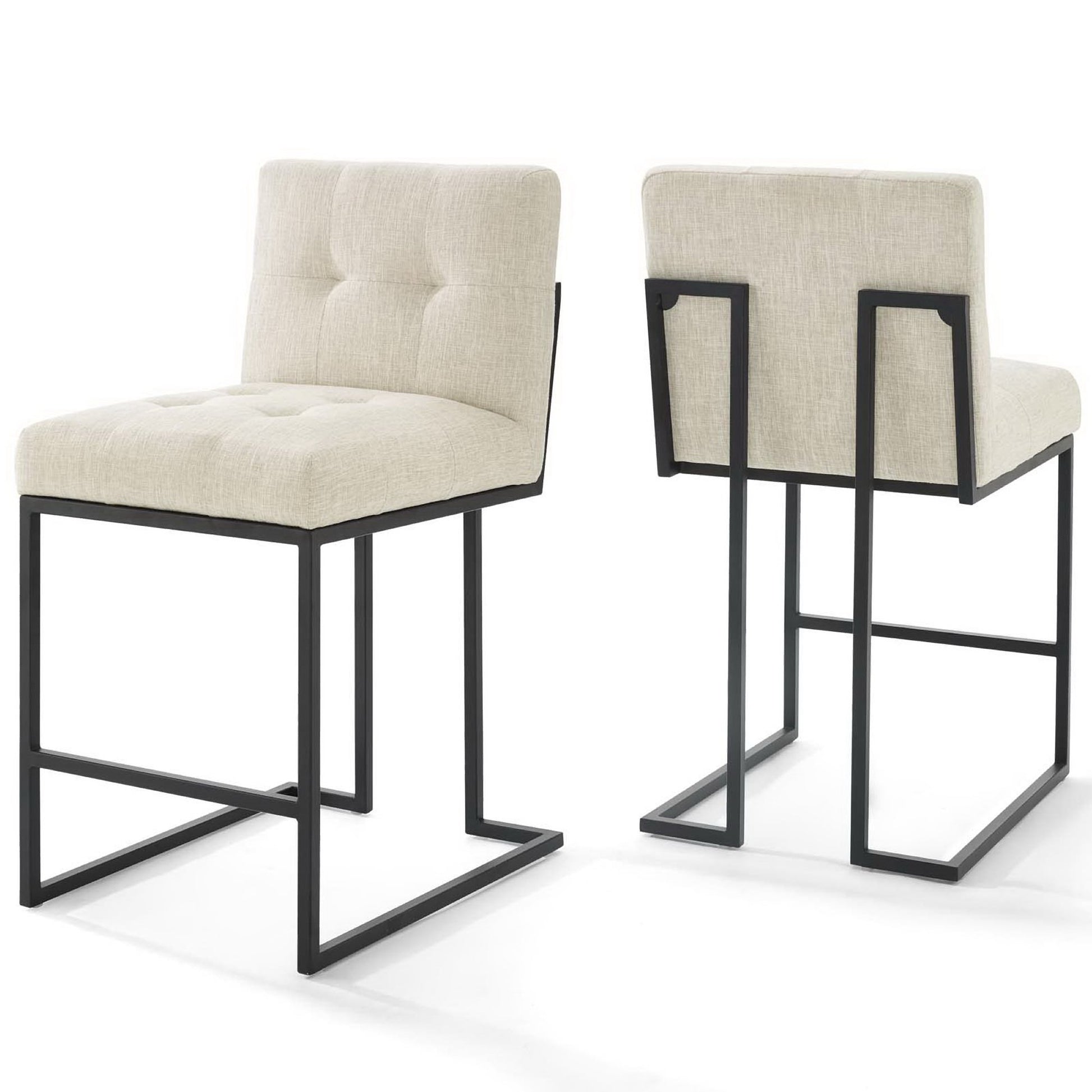 Beige tufted fabric counter stools (set of 2) with black metal cantilever frames; modern kitchen island seating.