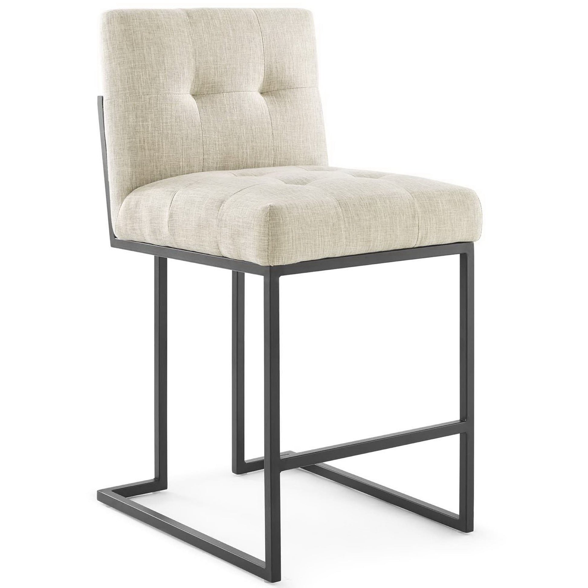 Beige tufted upholstered counter stool with backrest, black stainless steel frame & footrest.