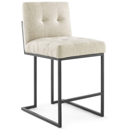 Beige tufted upholstered counter stool with backrest, black stainless steel frame & footrest.
