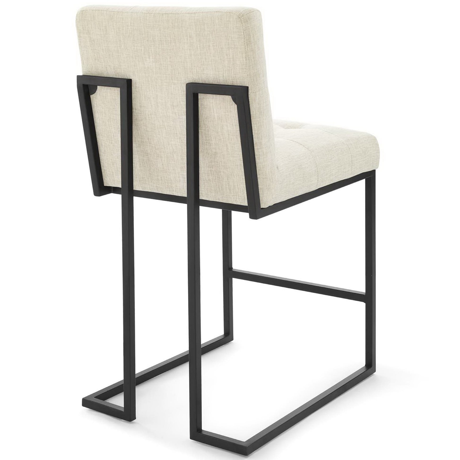 Set of 2 black stainless steel counter stools with beige upholstered fabric seats & backs, cantilever base.