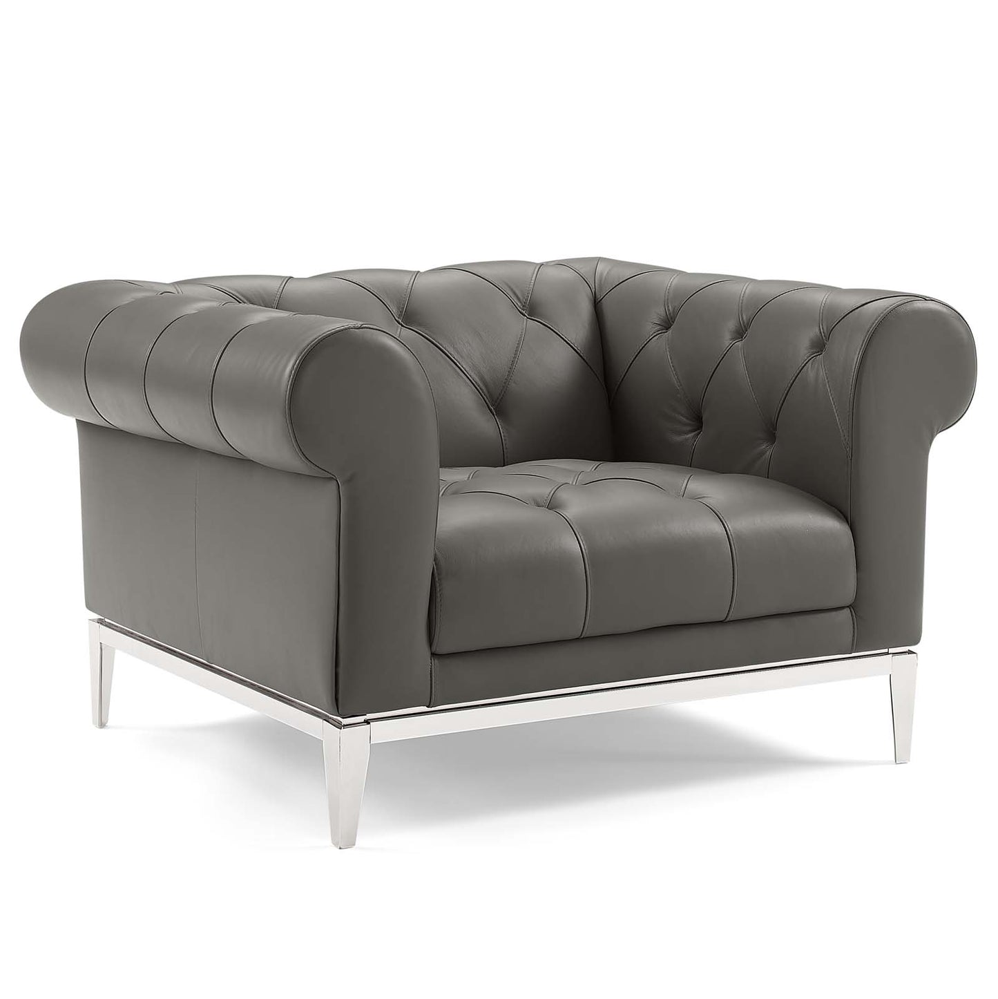 Gray tufted leather armchairs with rolled arms and metal legs, set of 2, modern lounge seating.