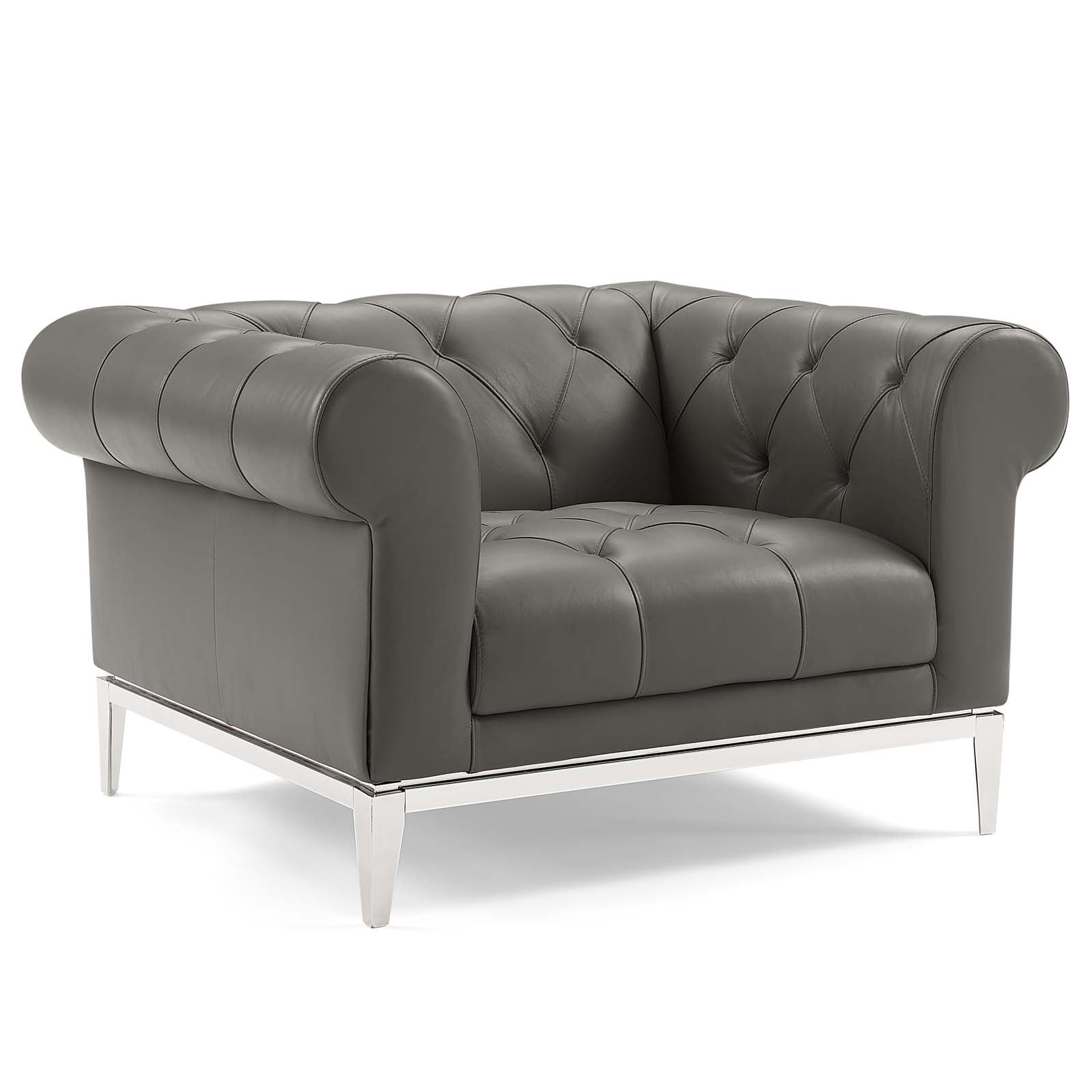 Gray tufted leather armchairs with rolled arms and metal legs, set of 2, modern lounge seating.