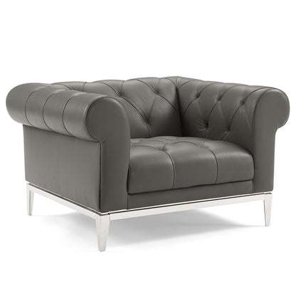 Gray tufted leather armchairs with rolled arms and metal legs, set of 2, modern lounge seating.