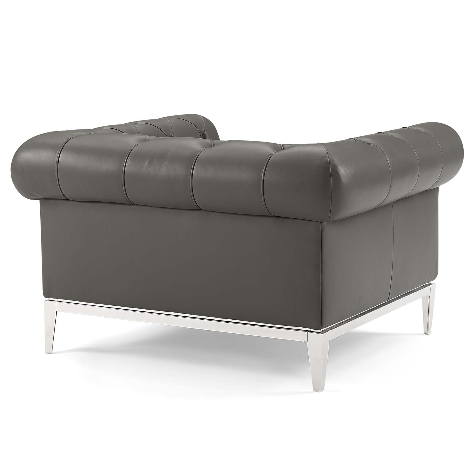Gray tufted upholstered leather armchairs with chrome legs, set of 2, modern low-profile design.