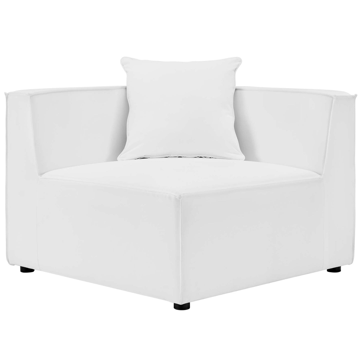 White fabric upholstered outdoor sectional corner chair with square arms, back cushions, and low black feet in a modern minimalist style.