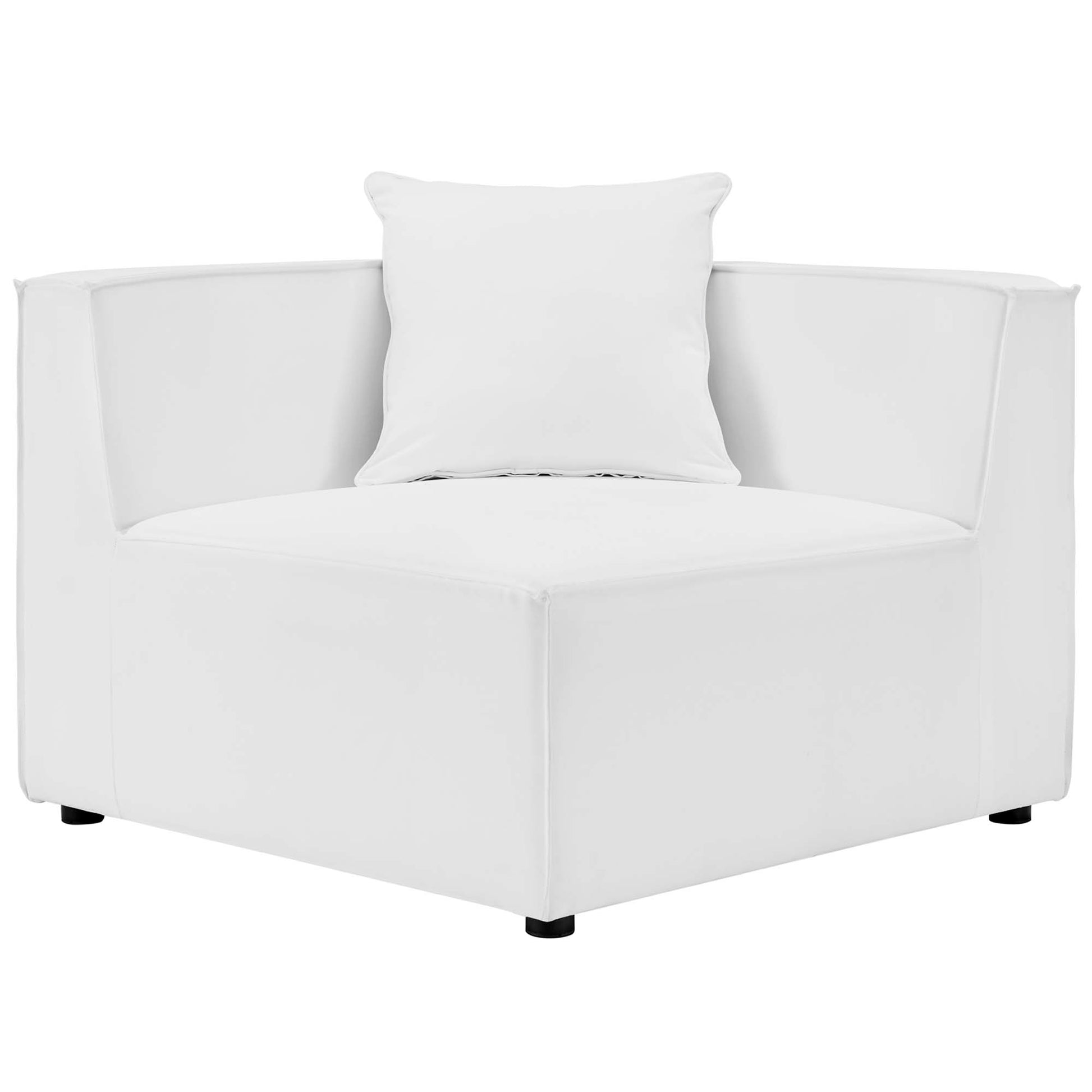 White fabric upholstered outdoor sectional corner chair with square arms, back cushions, and low black feet in a modern minimalist style.