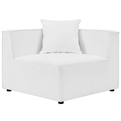 White fabric upholstered outdoor sectional corner chair with square arms, back cushions, and low black feet in a modern minimalist style.