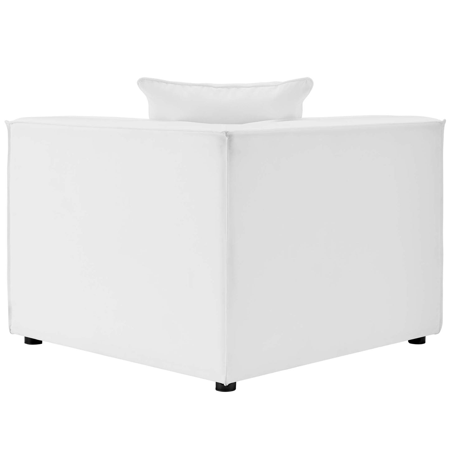 White fabric-covered outdoor sectional corner chair with low-profile arms and a back cushion.