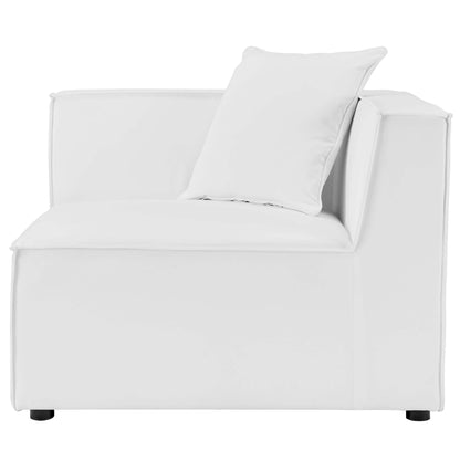 White square-arm outdoor patio sectional corner chair with cushioned seat and a loose back pillow, modern minimalist style.