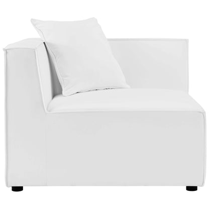 White modern boxy outdoor corner chair for a sectional, with a loose back cushion and small black feet.
