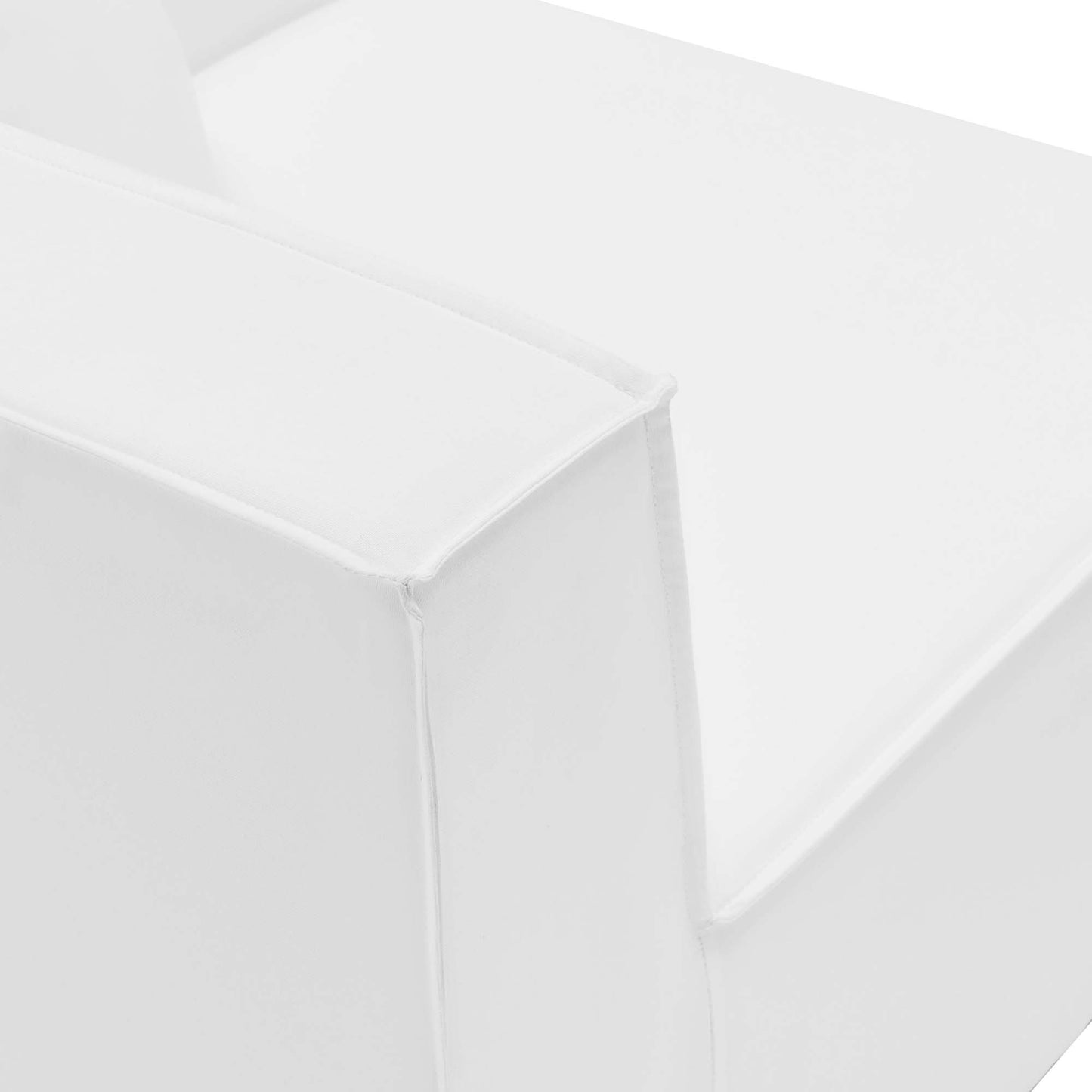 White fabric upholstered outdoor patio sectional sofa corner chair with square shape and stitched edges.