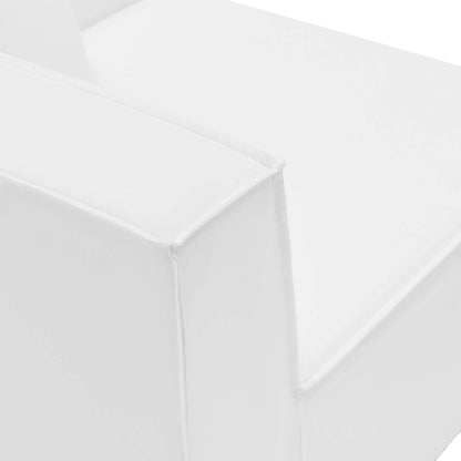 White fabric upholstered outdoor patio sectional sofa corner chair with square shape and stitched edges.