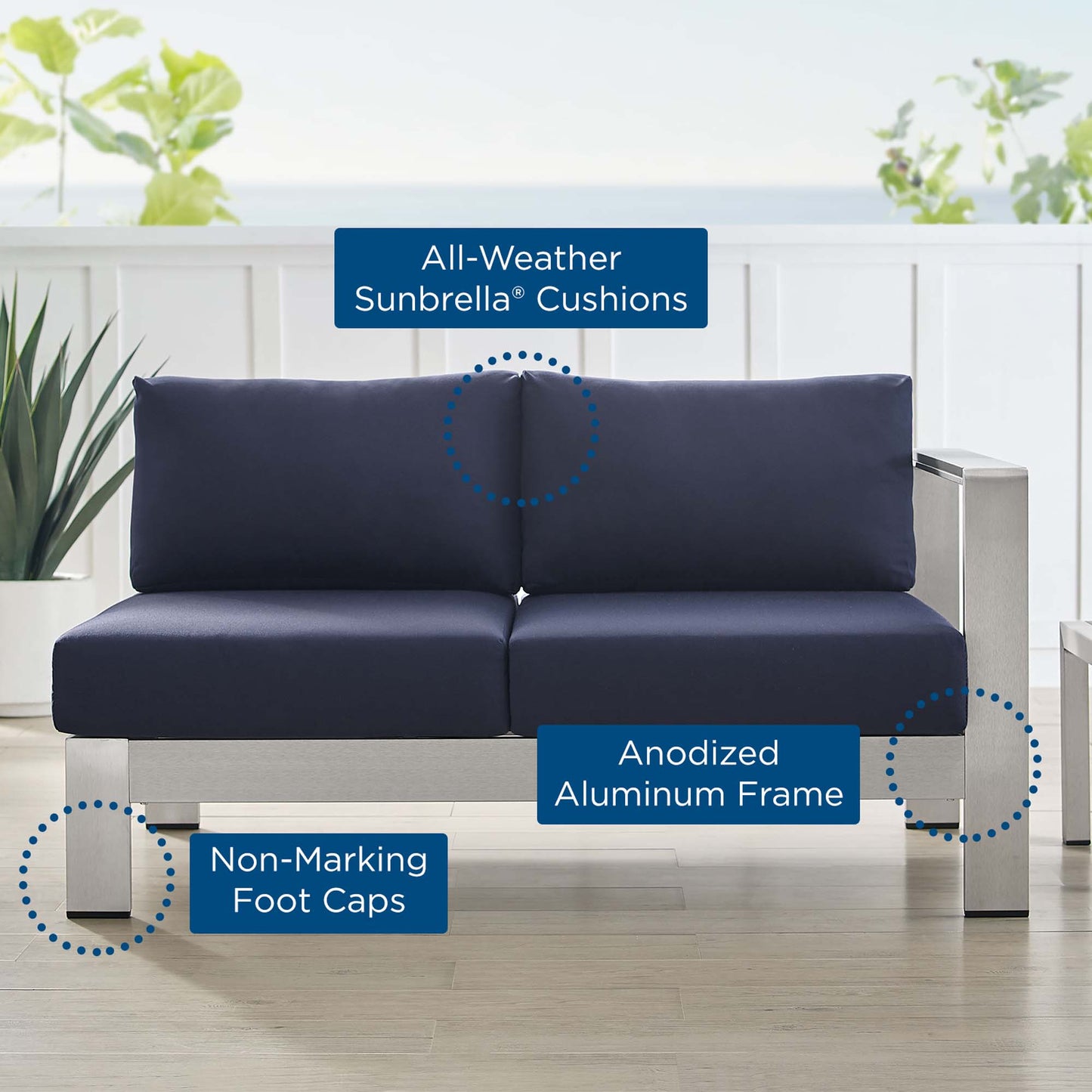 Modway Outlet Shore Sunbrella? Fabric Aluminum Outdoor Patio Right-Arm Loveseat by Modway  Outdoor Furniture Furniture Silver Navy - EEI-4222-SLV-NAV