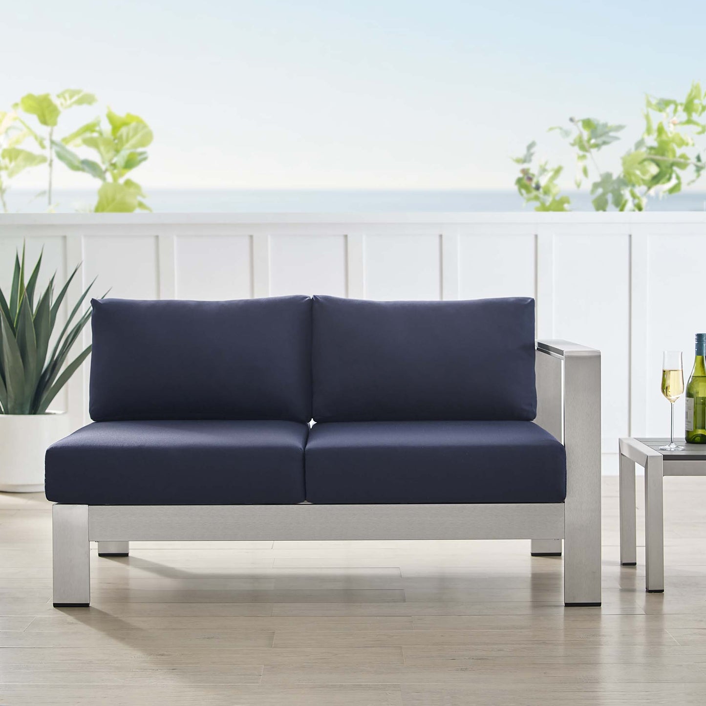 Modway Outlet Shore Sunbrella? Fabric Aluminum Outdoor Patio Right-Arm Loveseat by Modway  Outdoor Furniture Furniture Silver Navy - EEI-4222-SLV-NAV