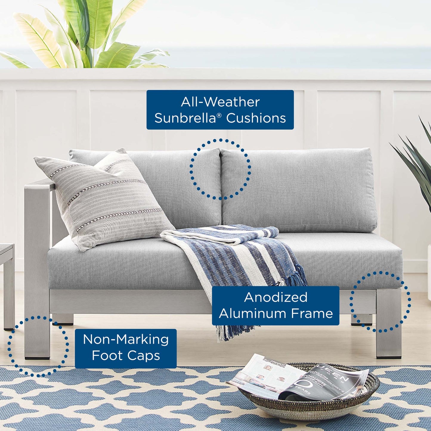 Modway Outlet Shore Sunbrella? Fabric Aluminum Outdoor Patio Left-Arm Loveseat by Modway  Outdoor Furniture Furniture Silver Gray - EEI-4223-SLV-GRY