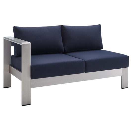 Modway Outlet Shore Sunbrella? Fabric Aluminum Outdoor Patio Left-Arm Loveseat by Modway  Outdoor Furniture Furniture Silver Navy - EEI-4223-SLV-NAV