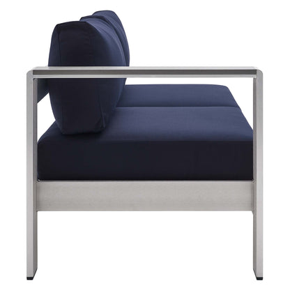 Modway Outlet Shore Sunbrella? Fabric Aluminum Outdoor Patio Left-Arm Loveseat by Modway  Outdoor Furniture Furniture Silver Navy - EEI-4223-SLV-NAV