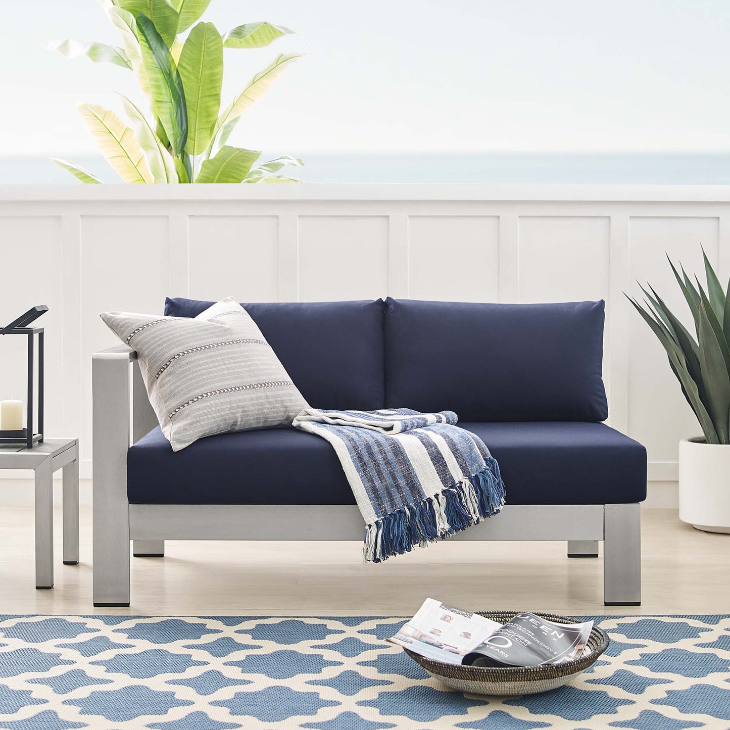 Modway Outlet Shore Sunbrella? Fabric Aluminum Outdoor Patio Left-Arm Loveseat by Modway  Outdoor Furniture Furniture Silver Navy - EEI-4223-SLV-NAV