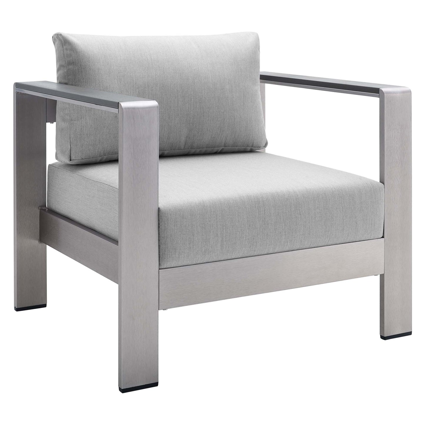 EEI-4225 silver-gray modern lounge chair with brushed metal frame and light gray cushions.