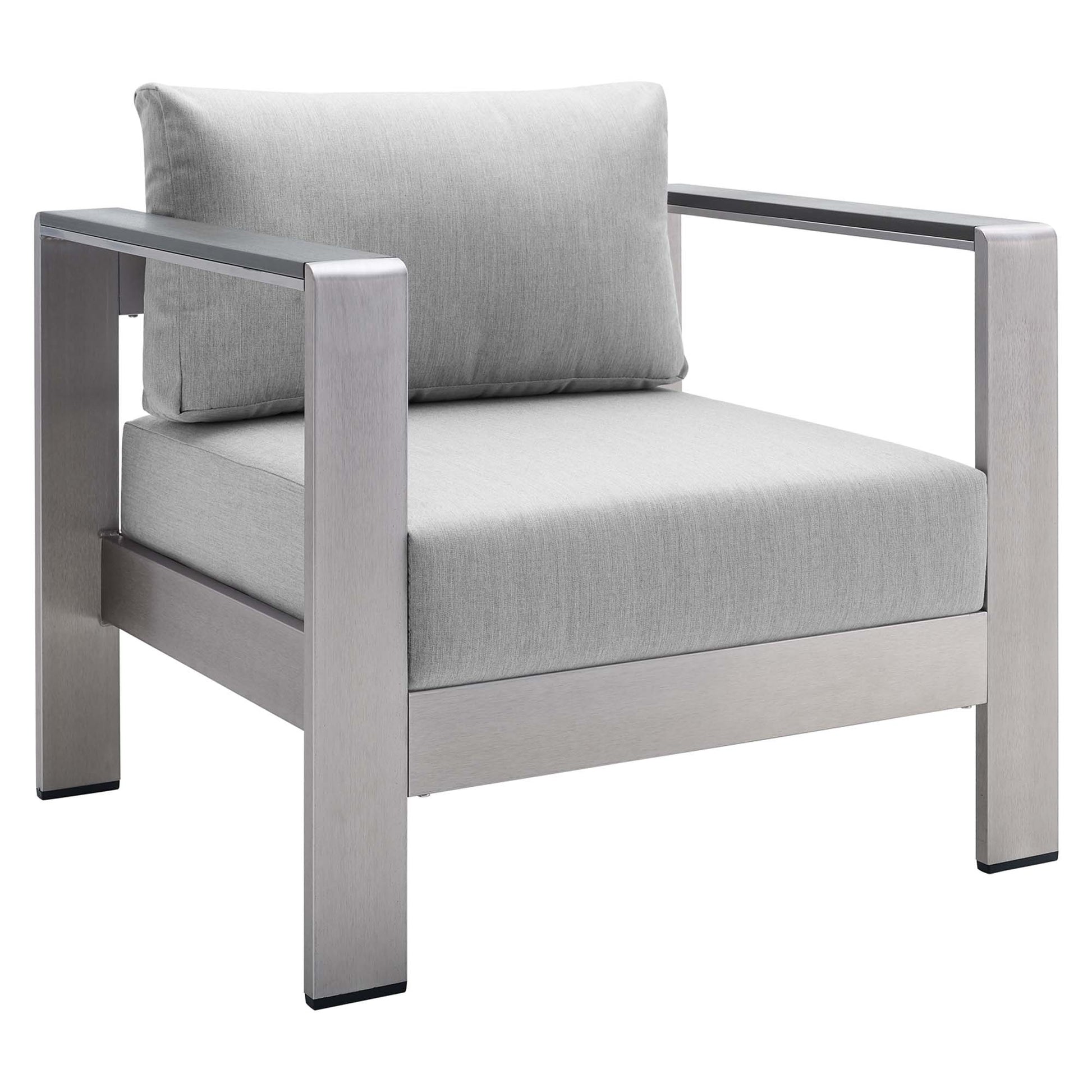 EEI-4225 silver-gray modern lounge chair with brushed metal frame and light gray cushions.