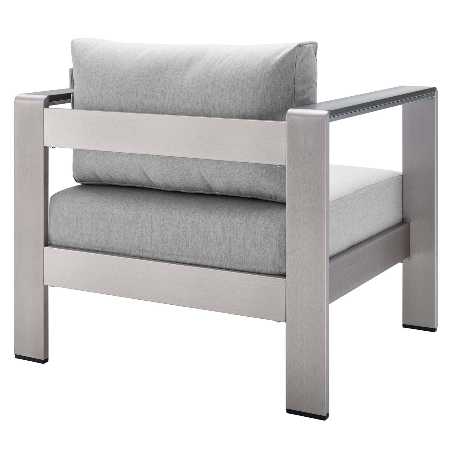 Silver-gray outdoor armchair with a brushed aluminum frame, square arms and a cushioned seat/back.