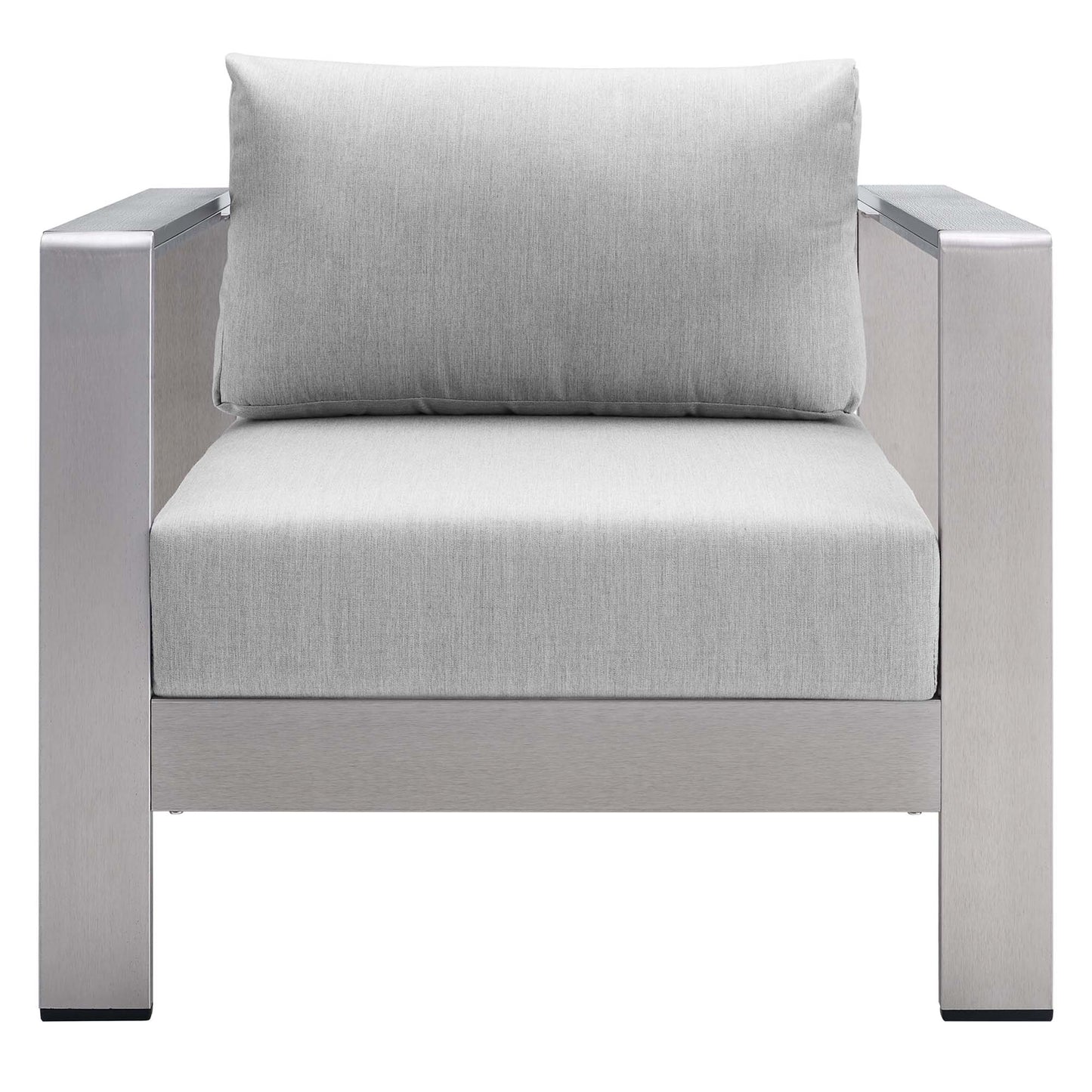 Silver-gray metal-framed lounge chair with light gray fabric cushions and chunky square arms.
