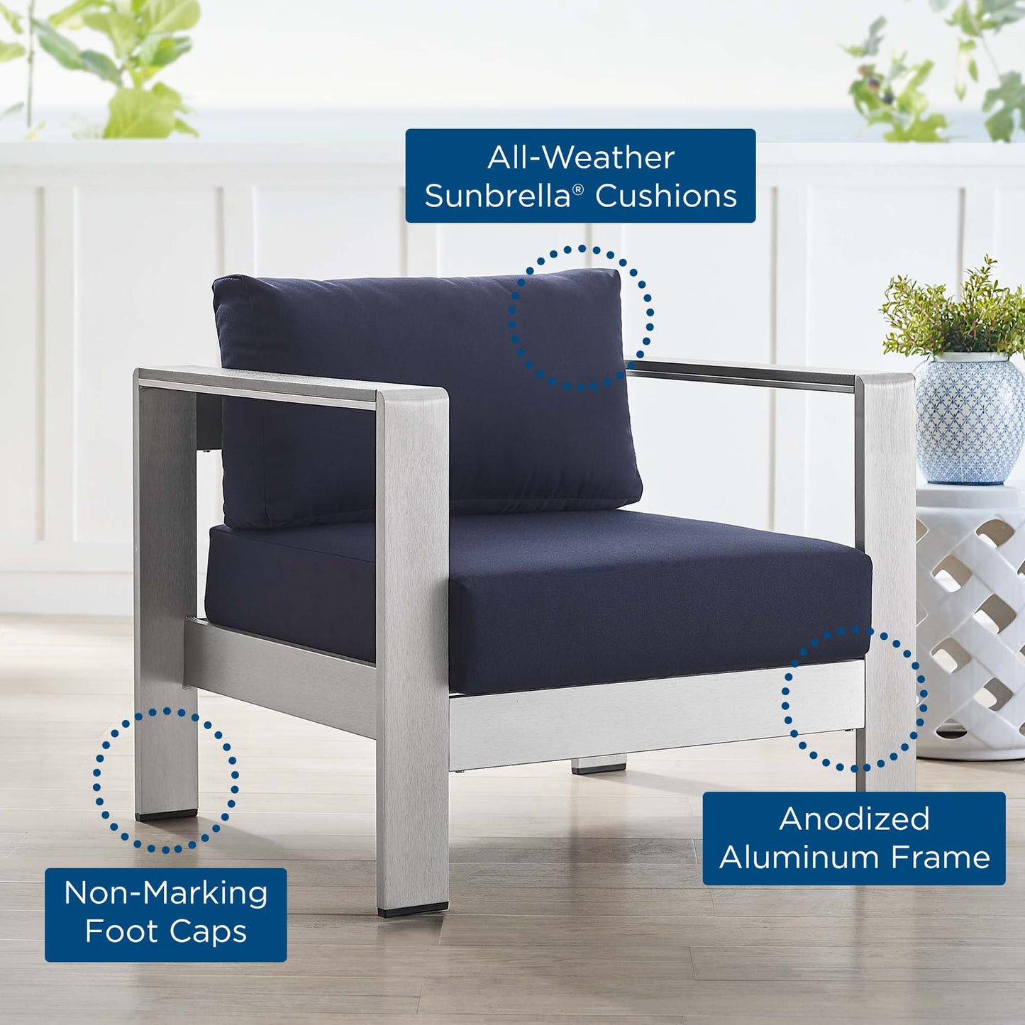 Modway - Shore Sunbrella? Fabric Aluminum Outdoor Patio Armchair by Modway  Outdoor Furniture Sofa Sectionals Blue - EEI-4225-SLV-NAV
