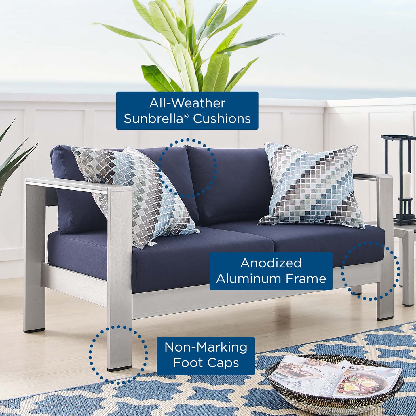 Modway - Shore Sunbrella? Fabric Aluminum Outdoor Patio Loveseat by Modway  Outdoor Furniture Sofa Sectionals Blue - EEI-4226-SLV-NAV