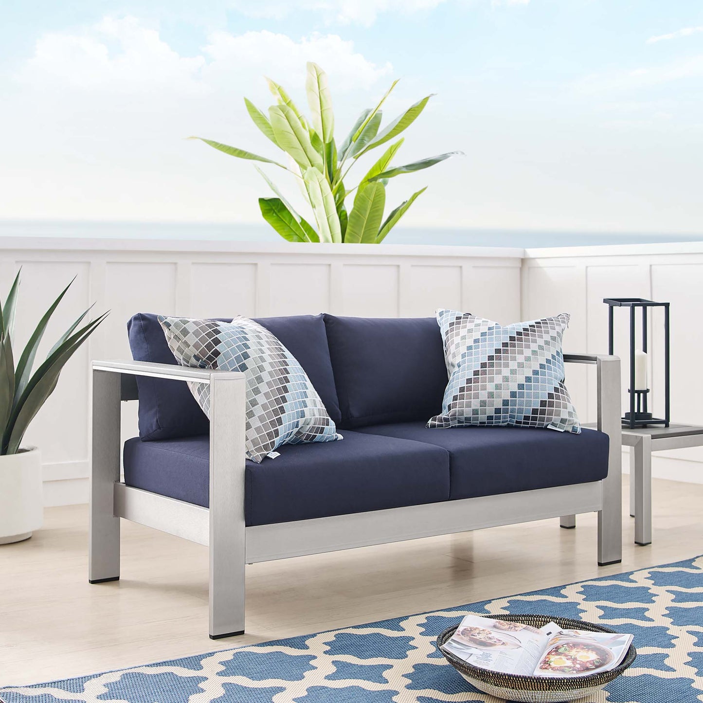 Modway - Shore Sunbrella? Fabric Aluminum Outdoor Patio Loveseat by Modway  Outdoor Furniture Sofa Sectionals Blue - EEI-4226-SLV-NAV