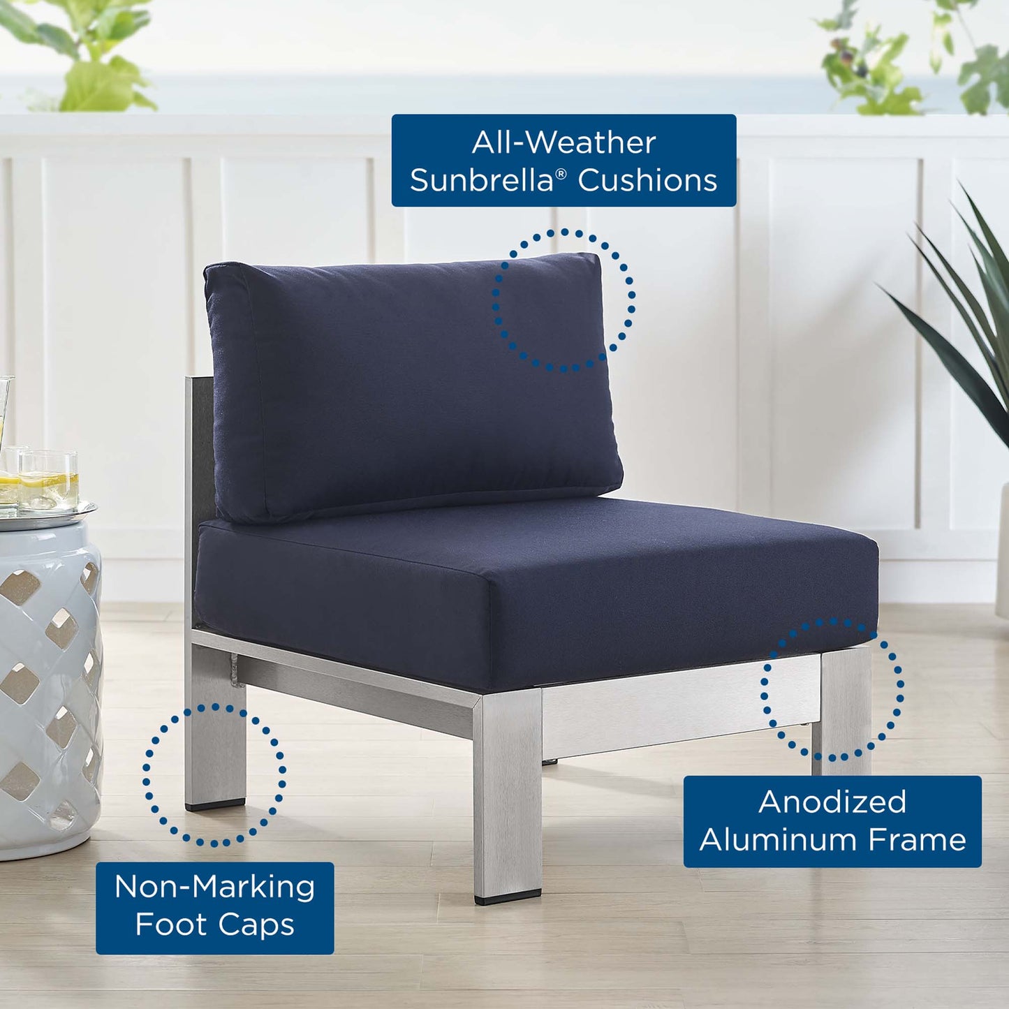 Modway Outlet Shore Sunbrella? Fabric Aluminum Outdoor Patio Armless Chair by Modway  Outdoor Furniture Furniture Silver Navy - EEI-4227-SLV-NAV