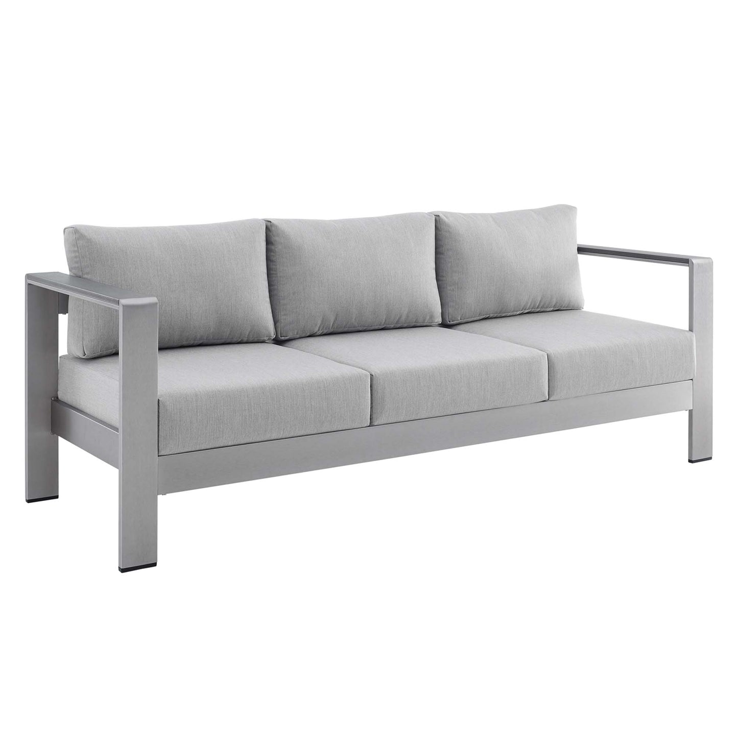Slate gray outdoor sofa with an aluminum frame, three seat cushions and three back cushions, straight square arms.