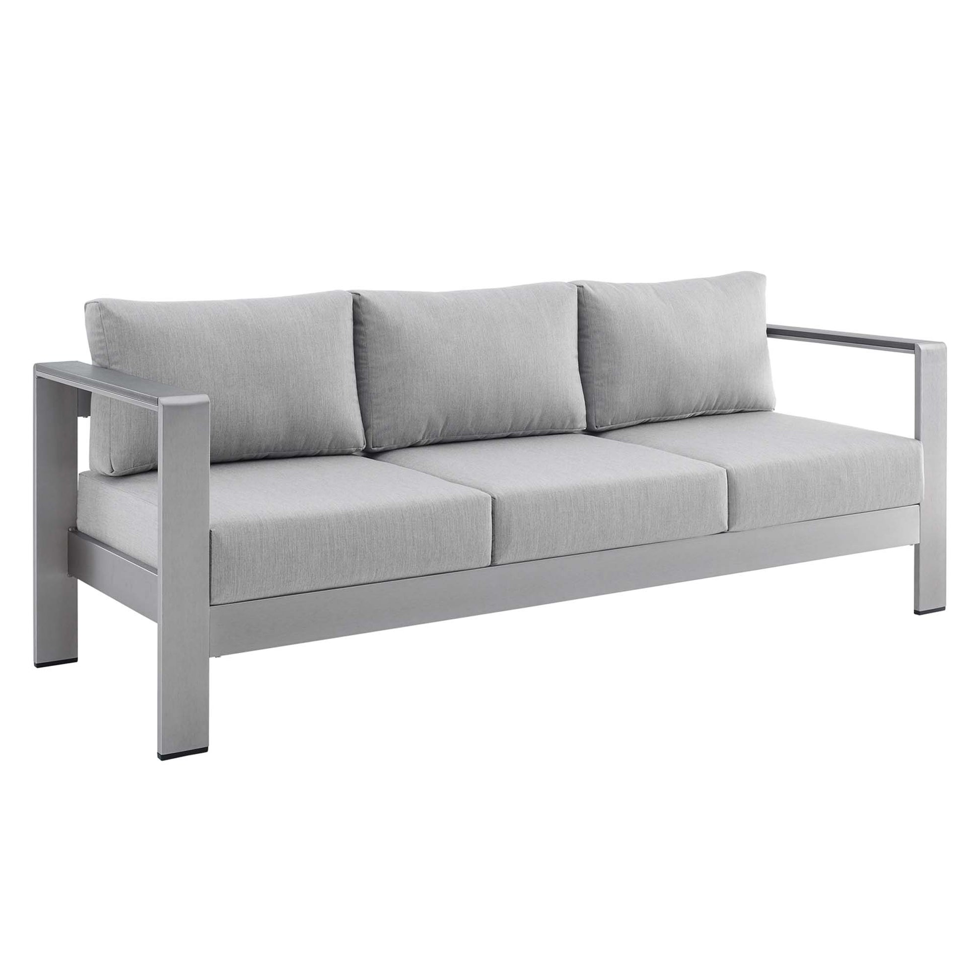 Slate gray outdoor sofa with an aluminum frame, three seat cushions and three back cushions, straight square arms.