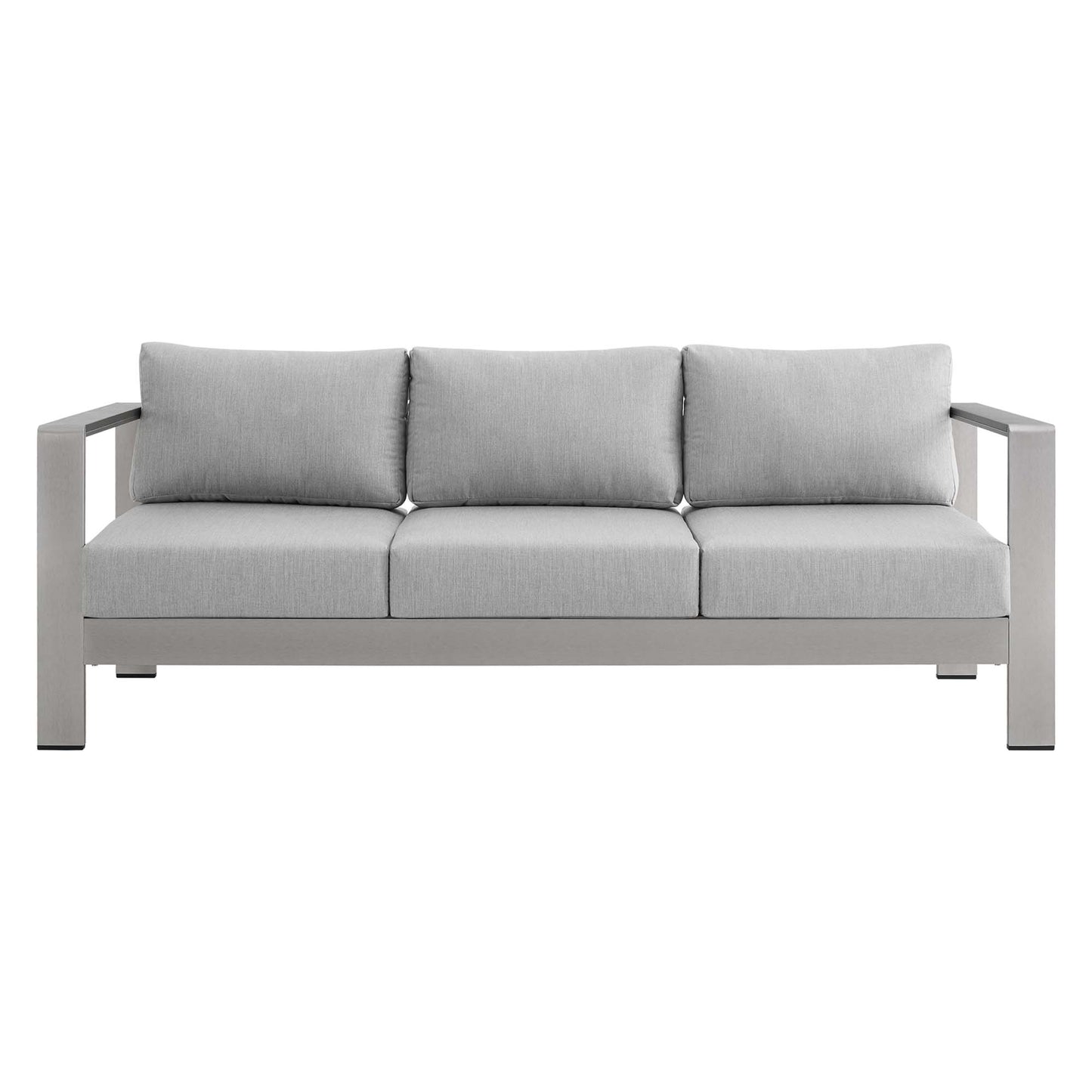 Slate gray 3-seat sofa with thick squared arms and three cushions, modern minimalist indoor/outdoor furniture.