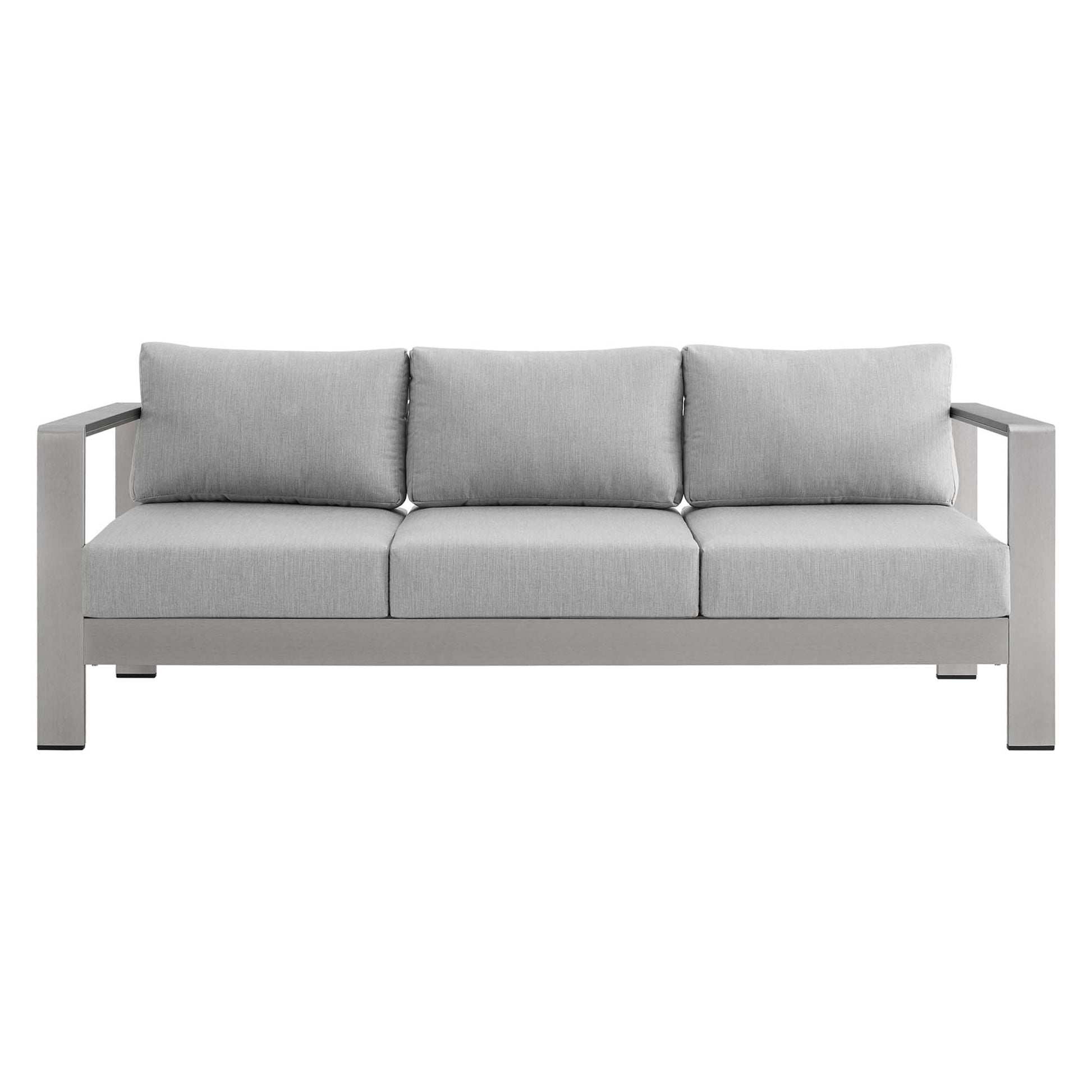 Slate gray 3-seat sofa with thick squared arms and three cushions, modern minimalist indoor/outdoor furniture.