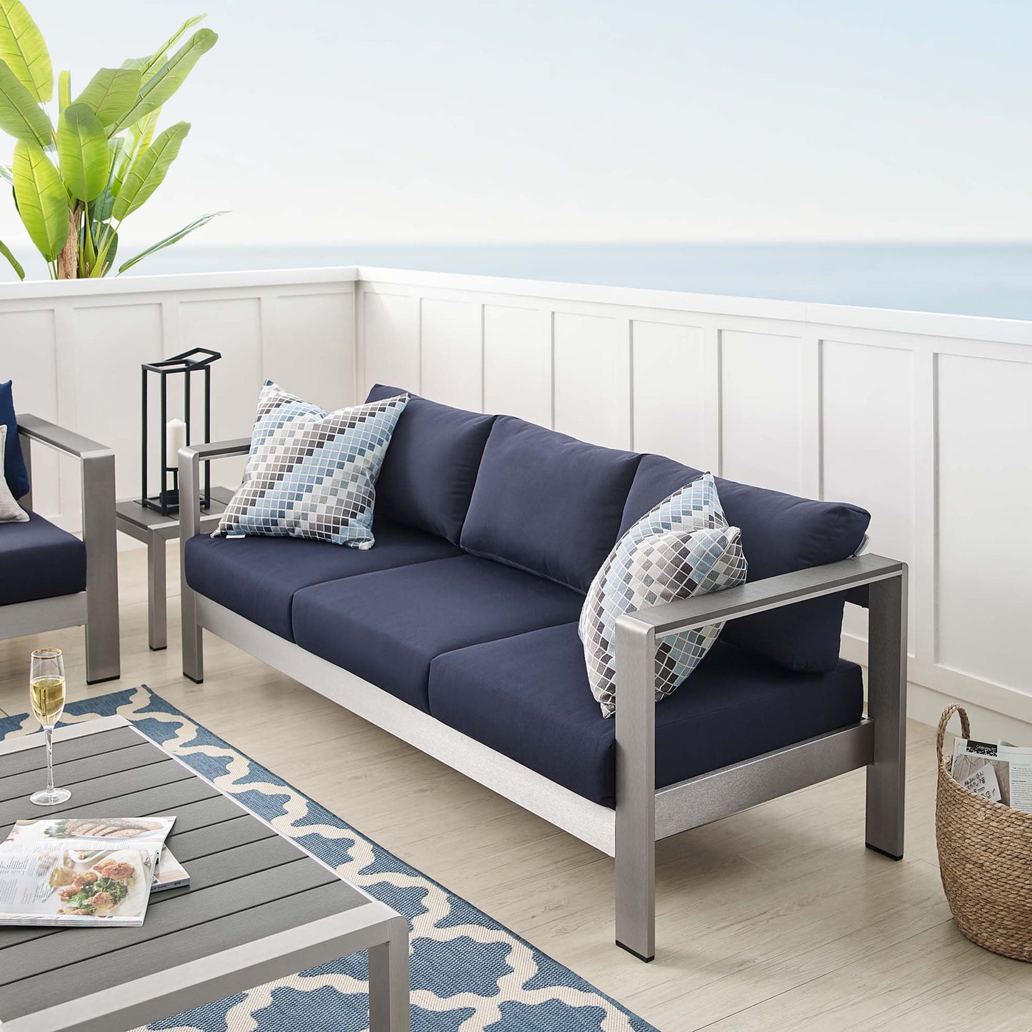 Modway - Shore Sunbrella? Fabric Aluminum Outdoor Patio Sofa by Modway  Outdoor Furniture Sofa Sectionals Blue - EEI-4228-SLV-NAV