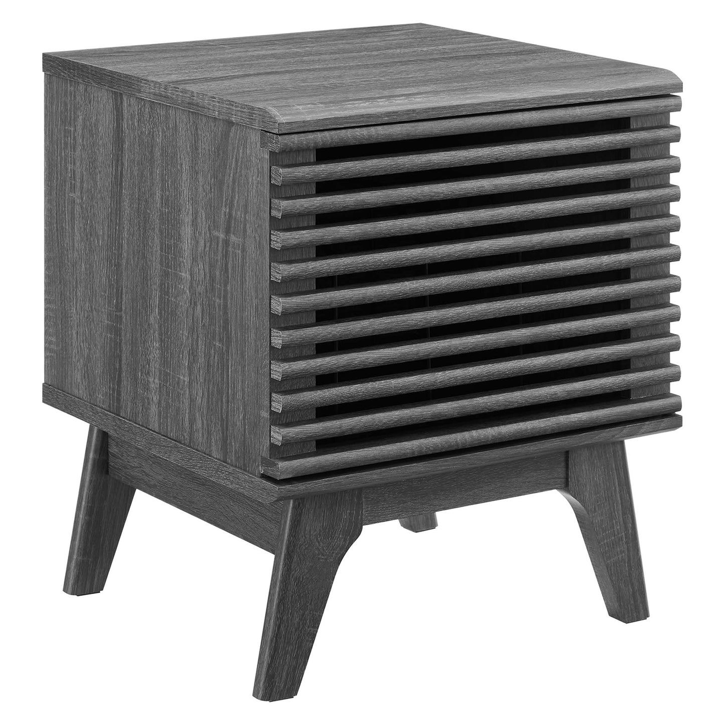 Brown vinyl record display stand with a vented slatted front and a flat lid.