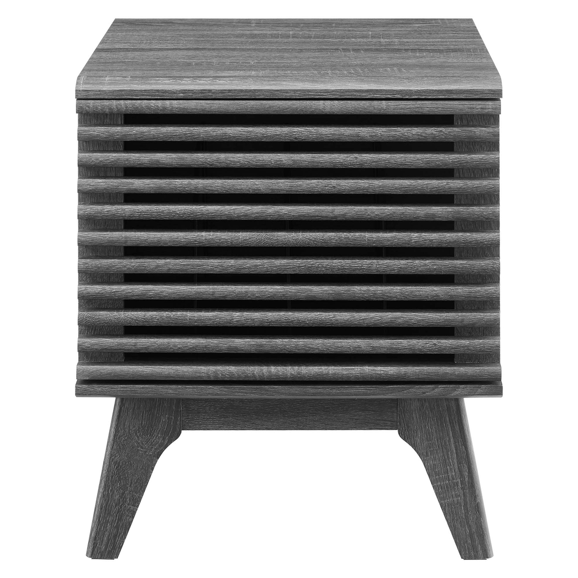 Brown vinyl record display stand with square top, vented slatted sides, and angled tapered legs.