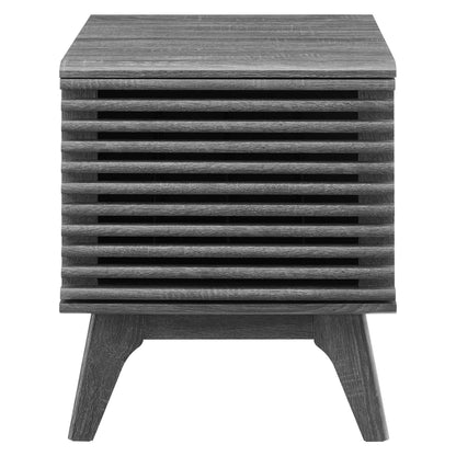 Brown vinyl record display stand with square top, vented slatted sides, and angled tapered legs.