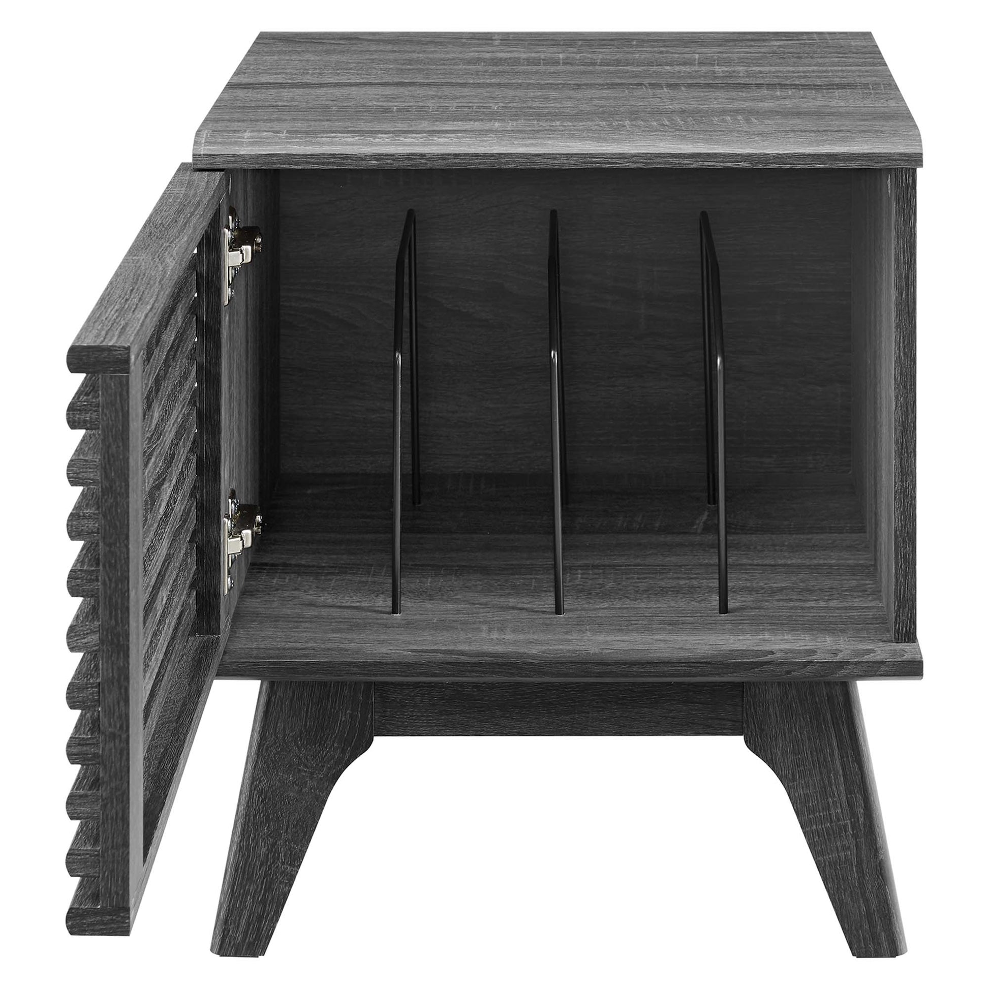 Charcoal gray vinyl record display stand with hinged door and four vertical record dividers; mid-century style.