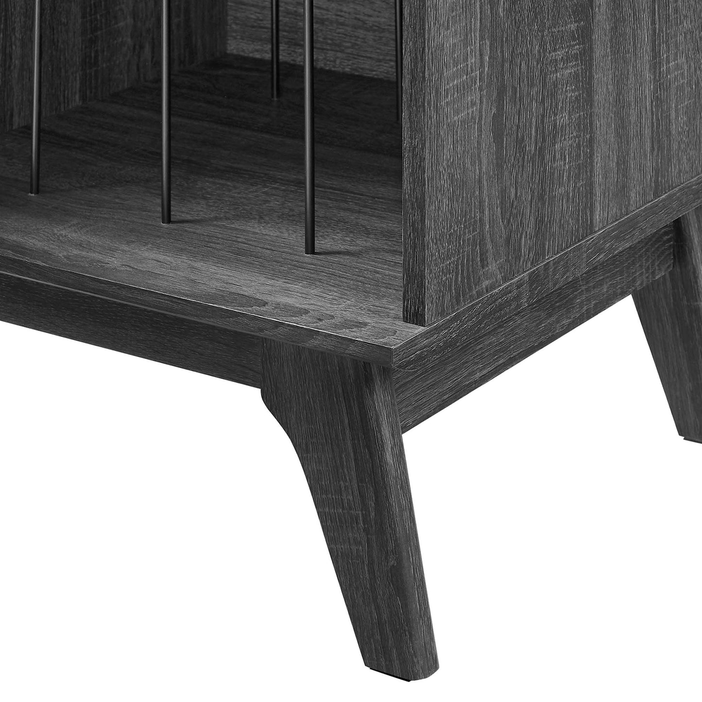 Brown vinyl record display stand with multiple open shelves.