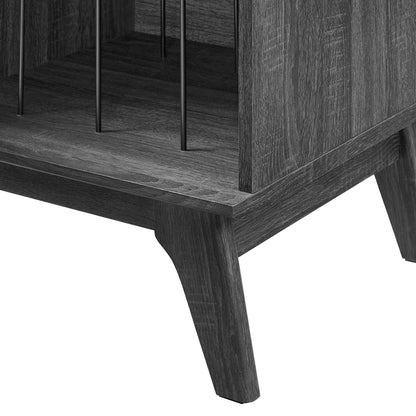 Brown vinyl record display stand with multiple open shelves.
