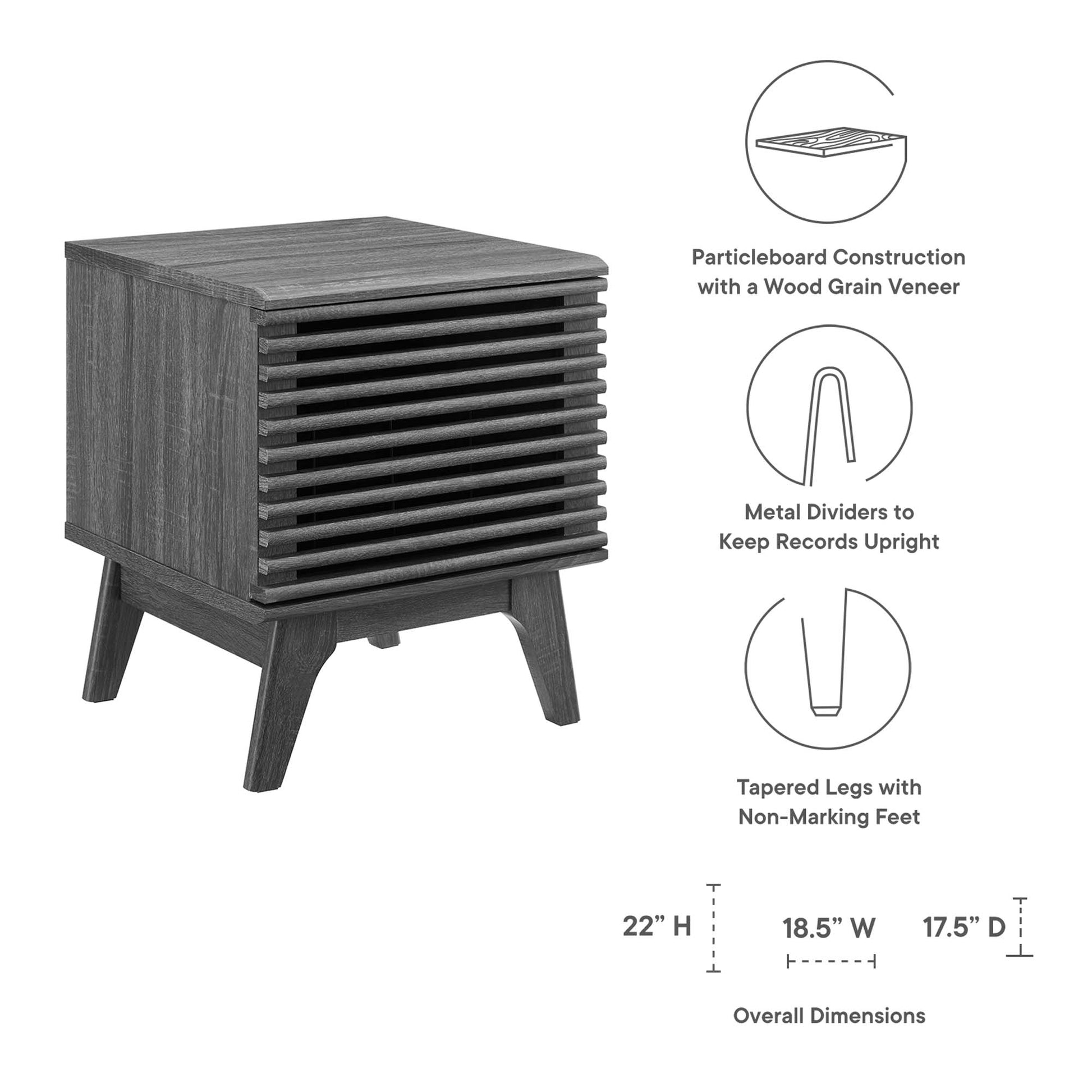 Brown woodgrain particleboard vinyl record display stand with slatted front, tapered legs and metal dividers.