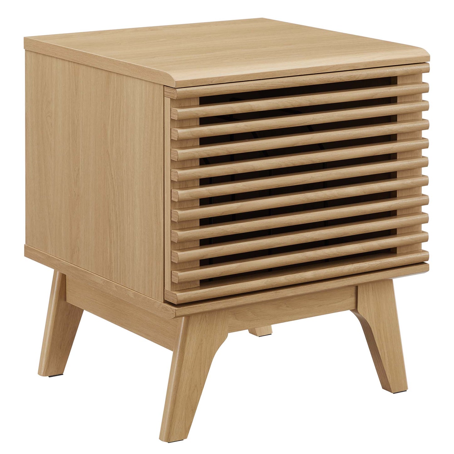 Oak wood vinyl record display stand with a rectangular top, slatted front, and four angled legs; mid-century modern brown.