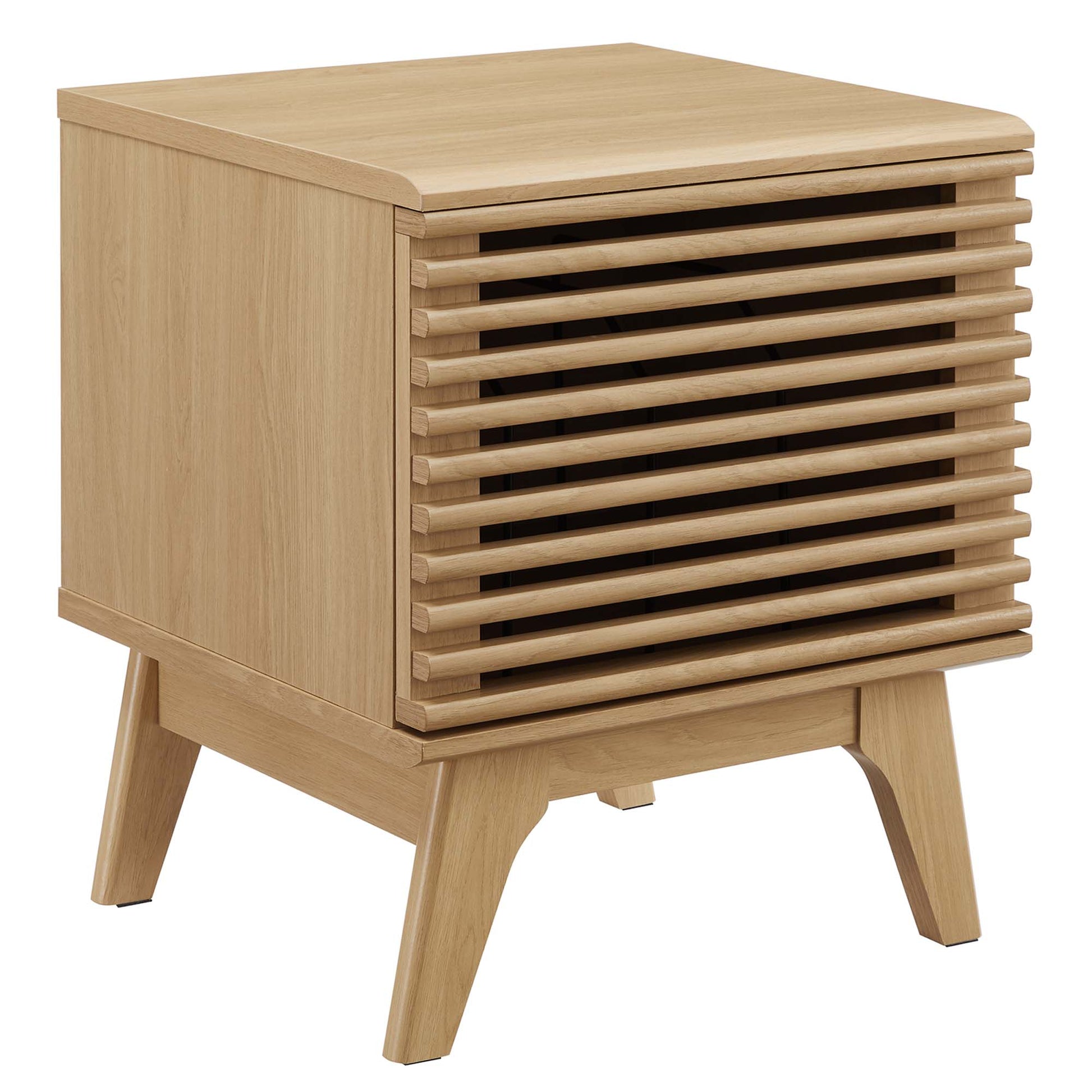 Oak wood vinyl record display stand with a rectangular top, slatted front, and four angled legs; mid-century modern brown.