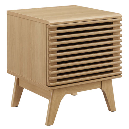 Oak wood vinyl record display stand with a rectangular top, slatted front, and four angled legs; mid-century modern brown.