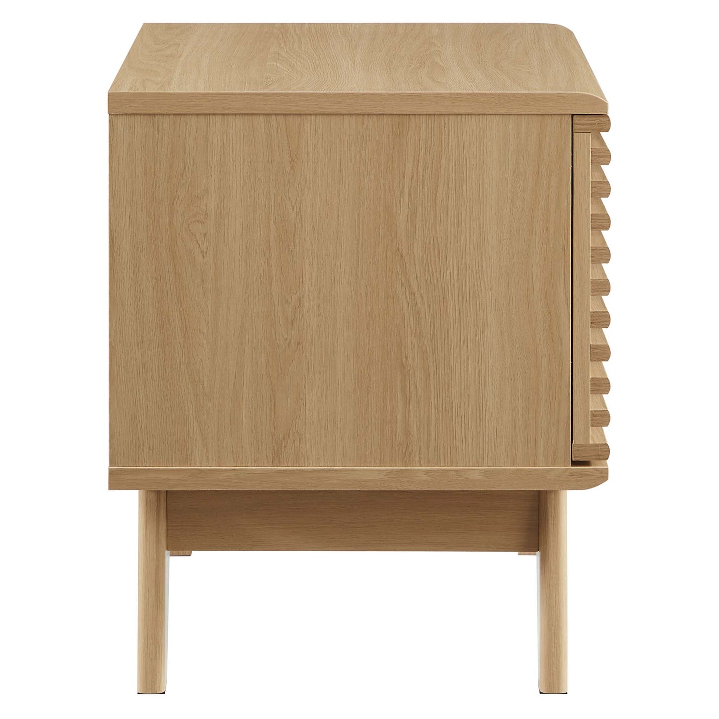 Oak wood vinyl record display stand on legs with square top, open lower shelf, and slatted side panel.