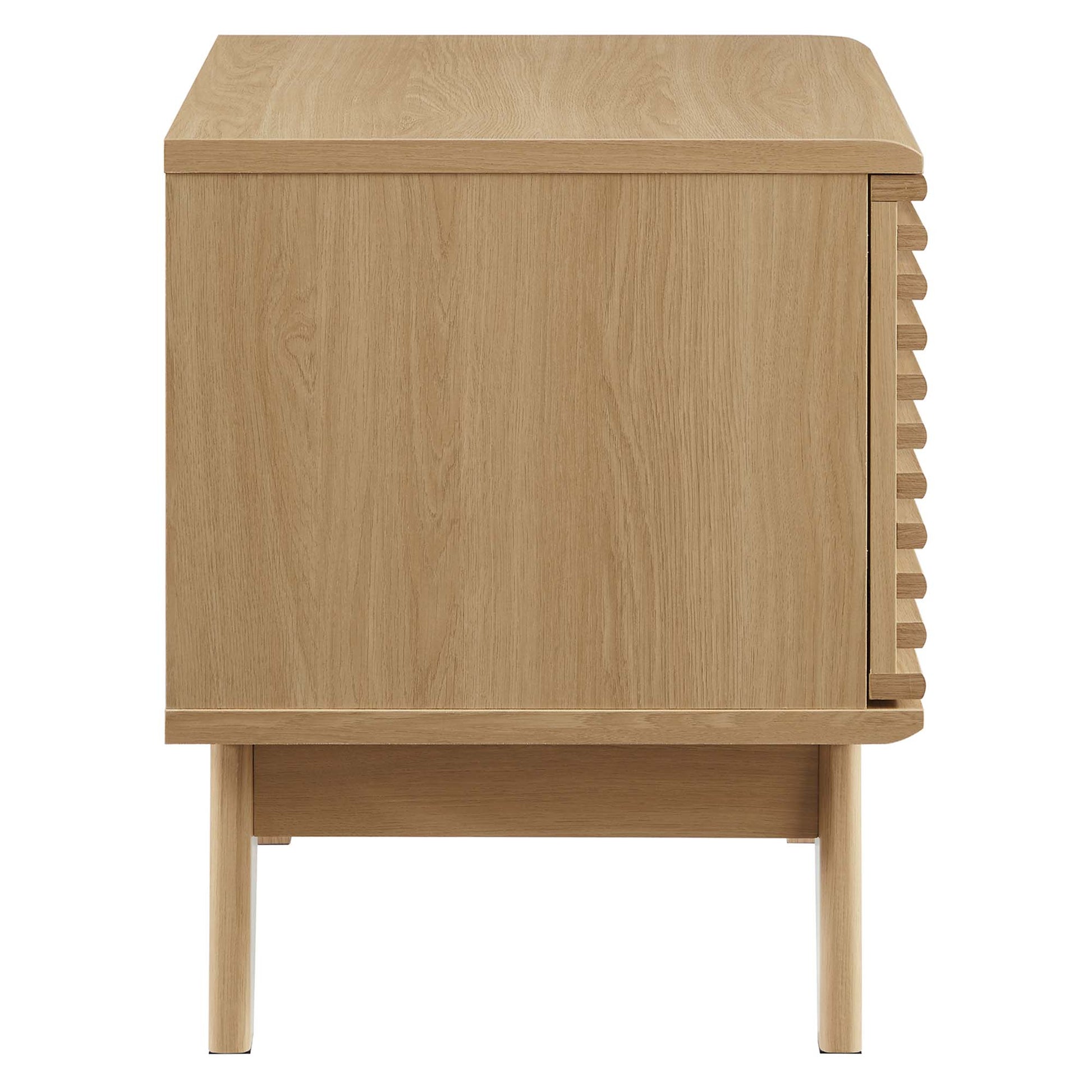 Oak wood vinyl record display stand on legs with square top, open lower shelf, and slatted side panel.